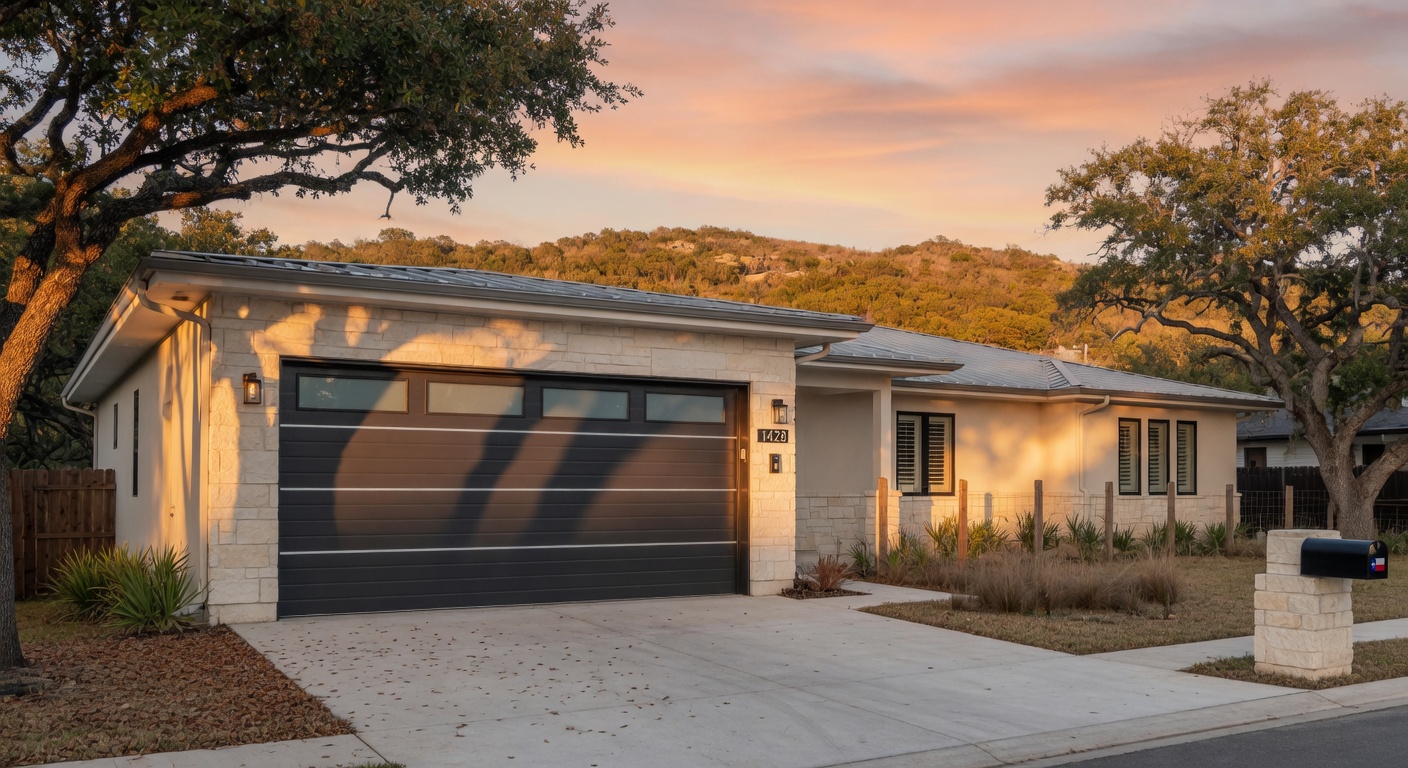 Professional wide-angle view of a modern residential garage door on a clean Texas Hill Country home near Wimberley TX at golden hour with oak trees