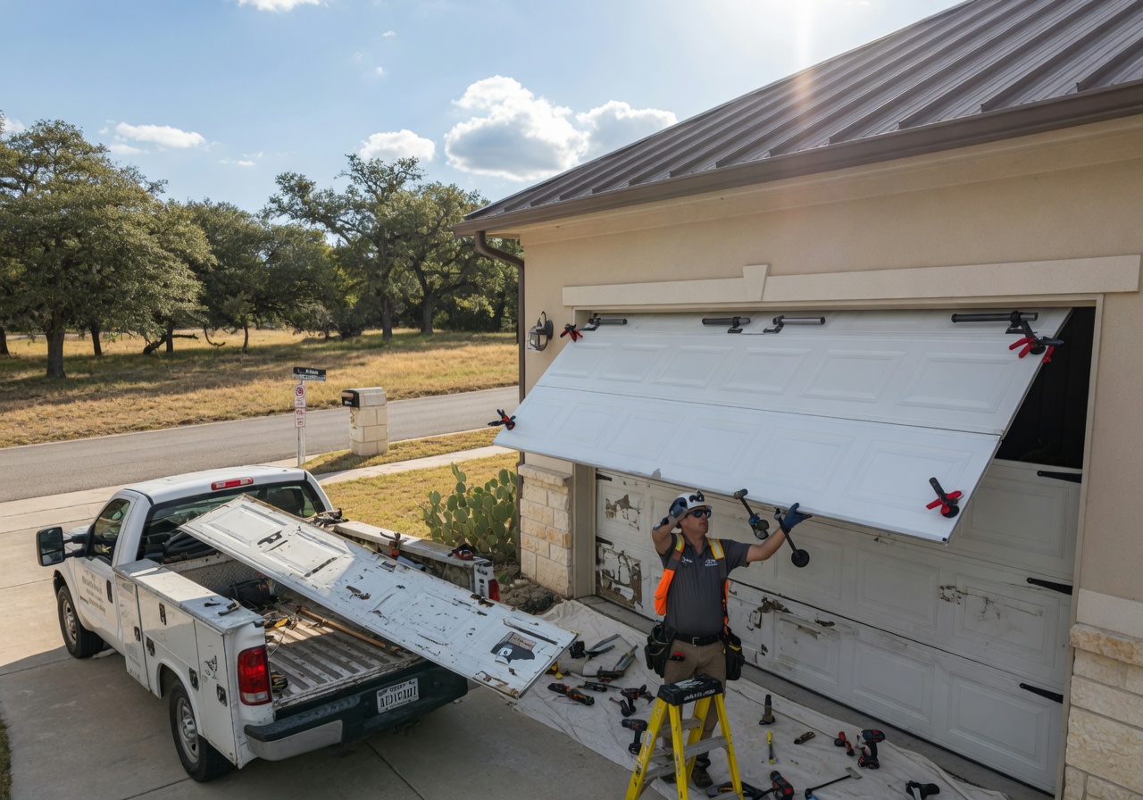 Garage door panel replacement in progress by a technician on a Texas home in the Dripping Springs area
