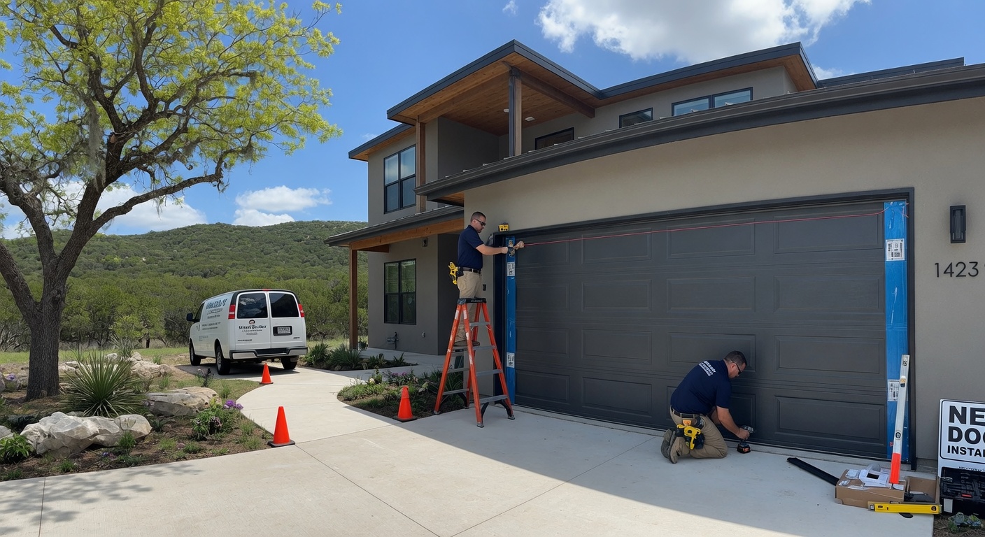 New garage door installation on a beautiful modern home in Wimberley Texas Hill Country by local pros