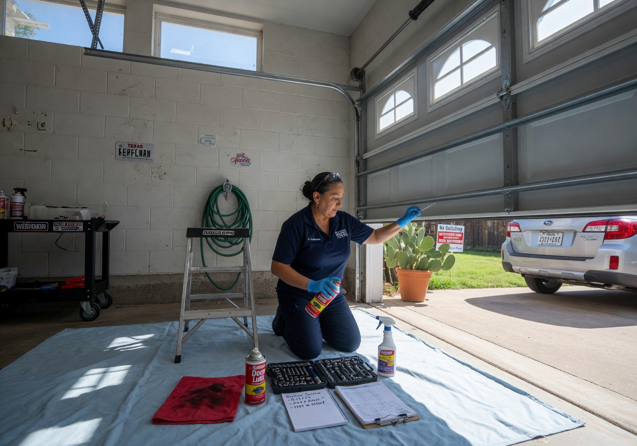 Technician performing routine garage door maintenance and lubrication on a home in South Austin Texas