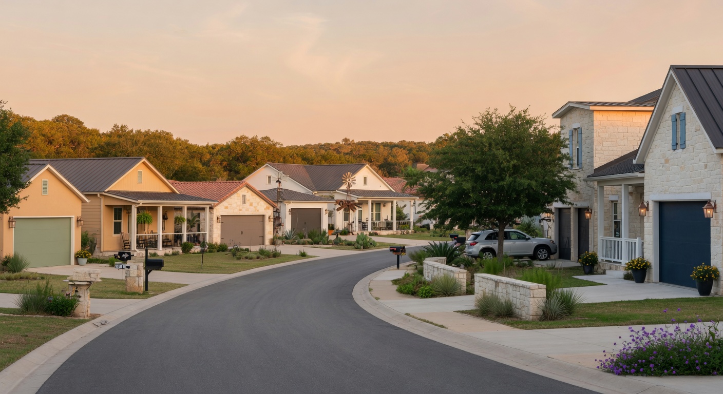 Clean professional background image of a Texas Hill Country neighborhood with well-maintained garage doors in Wimberley or Dripping Springs