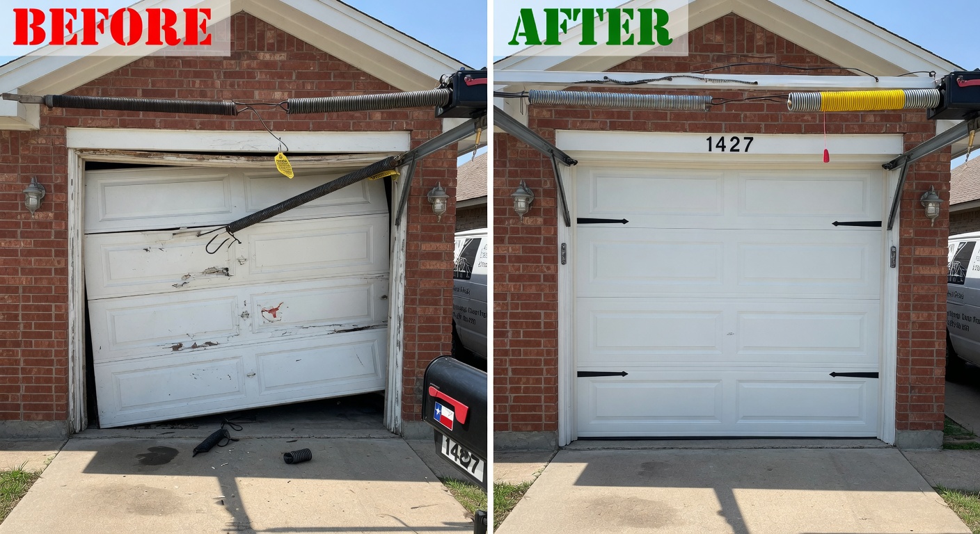 Side-by-side before and after of garage door repair on a Texas home: damaged spring and misaligned door vs perfectly repaired modern garage door
