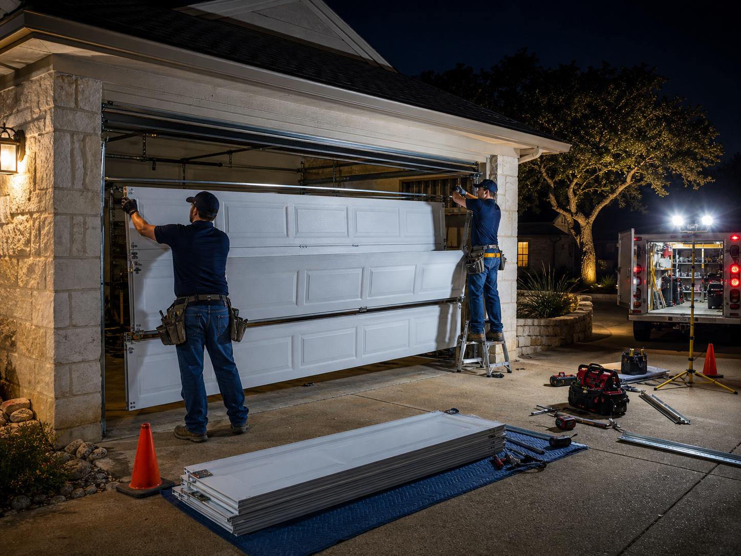 Technicians replacing a residential garage door at night during an emergency repair call