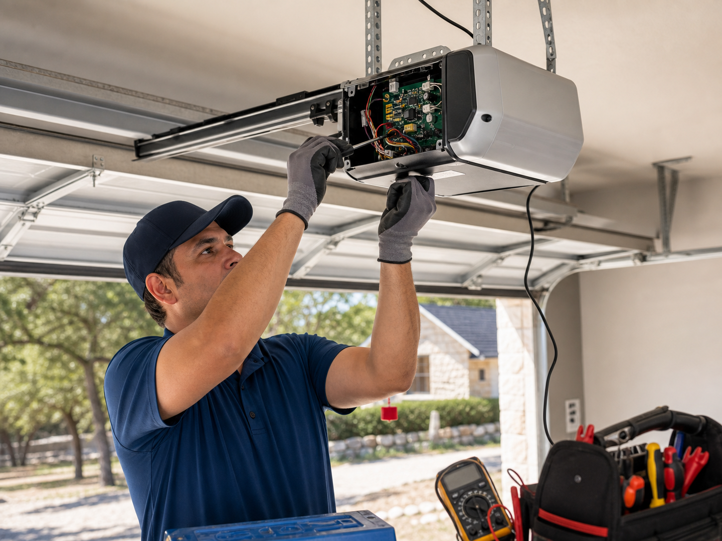 Technician repairing a ceiling-mounted garage door opener motor and wiring in a residential garage