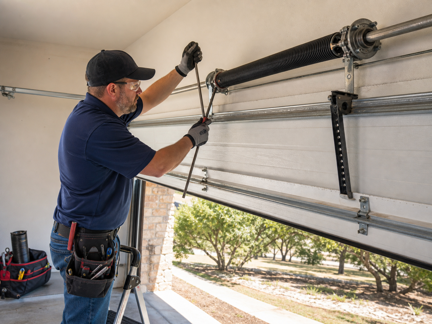 Close-up of professional technician repairing a garage door torsion spring on a residential home in Wimberley Texas